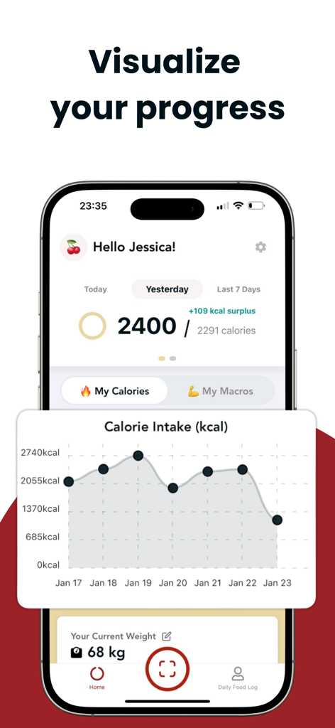 CalAI: Photo Calorie Tracker - Graphique hebdomadaire de l'apport calorique et tableau de bord de suivi du poids sur une application de fitness mobile