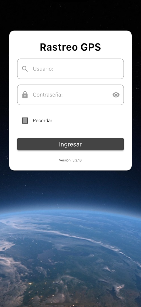 Login screen for the Rastreo GPS V3 app featuring username and password fields over a background of Earth from space.