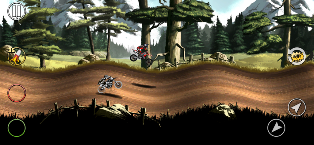 Mad Skills Motocross 2 - Side-scrolling motocross racing gameplay with two riders on a dirt track