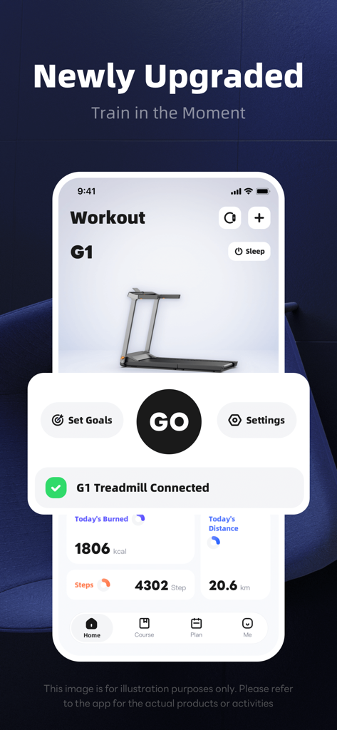 KS Fit - KS Fitアプリのインターフェースに、接続されたG1トレッドミルが表示され、ステップ数やカロリー数などのリアルタイムエクササイズ統計が表示されています。