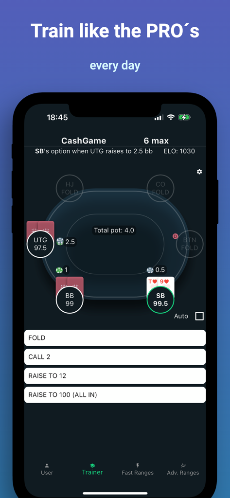 GTO Preflop - GTO Preflop app trainer interface showing a 6-max cash game hand scenario with betting options and ELO rating