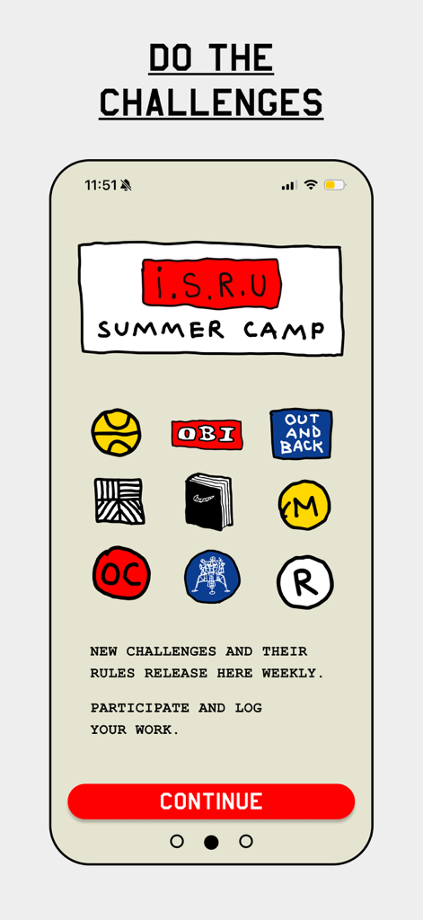 ISRU app challenges screen featuring hand drawn mission icons for summer camp