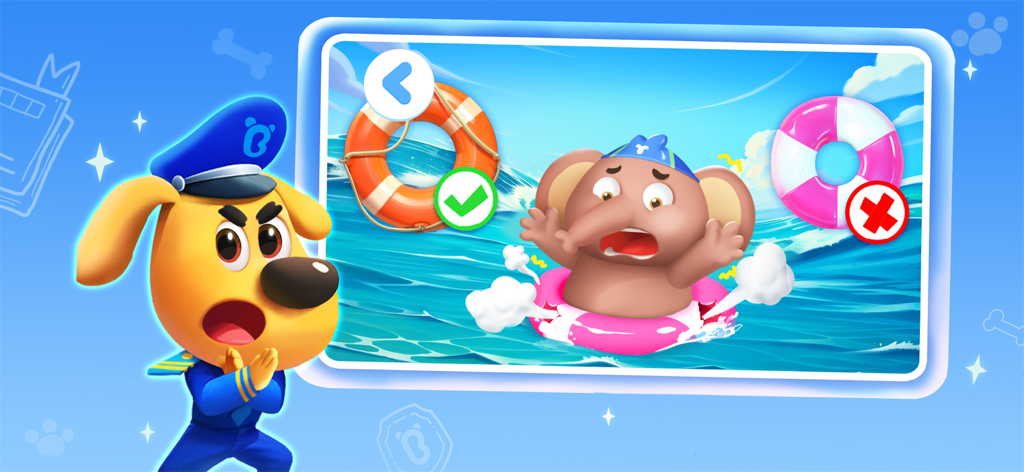 Sheriff Labrador's Safety Tips - Lección de seguridad acuática del Sheriff Labrador con un personaje elefante eligiendo entre un salvavidas y un flotador roto