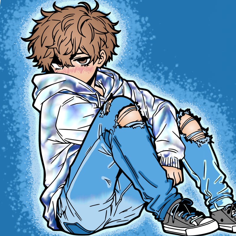 a male hoddie ripped jeans messy hair anime