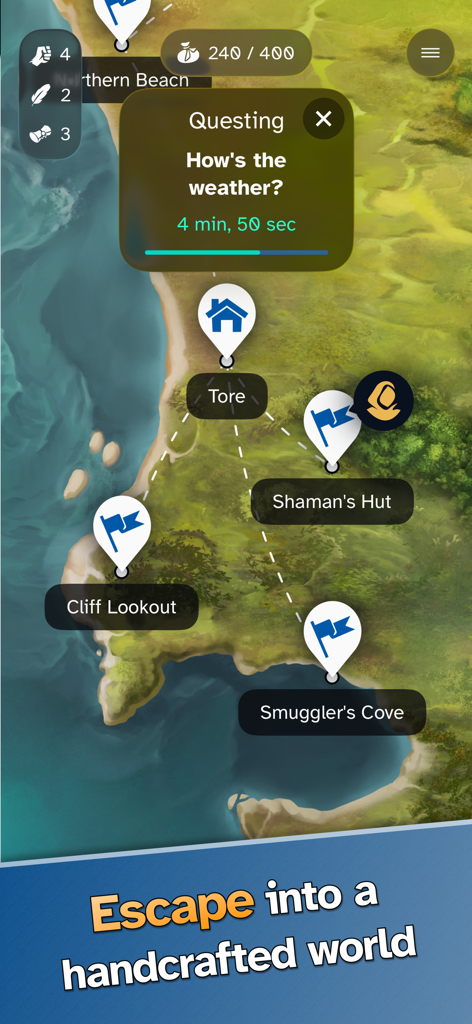 A handcrafted world map in Land of Livia showing a quest in progress and locations like Smugglers Cove and Shamans Hut.
