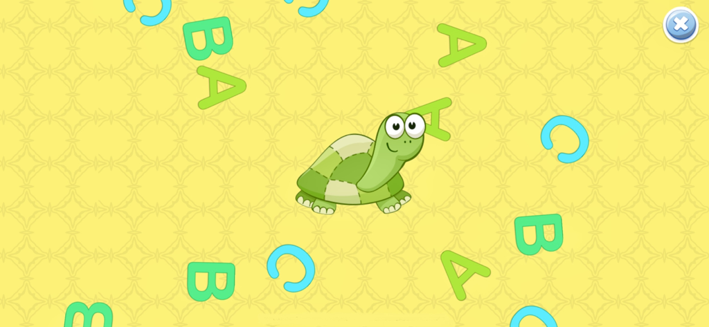 Una simpatica tartaruga verde a cartoni animati circondata dalle lettere colorate A B e C su uno sfondo giallo