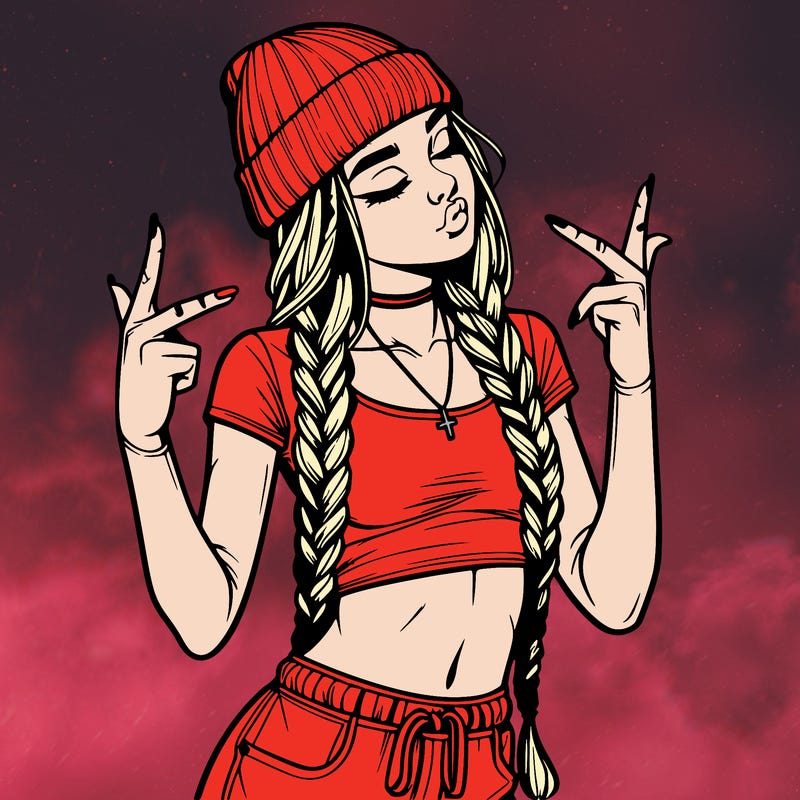 realistic teenage girl with braids and a beanie and crop top doing 🫶🏼