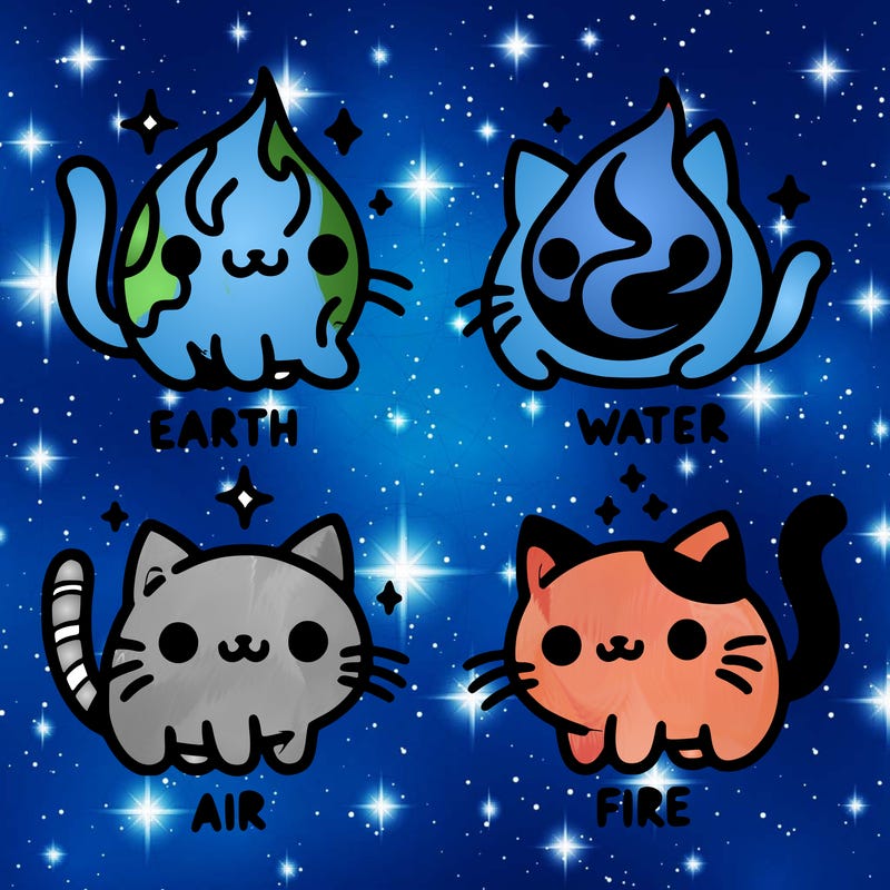 4 cats that represent the different elements, earth, water, air, and fire