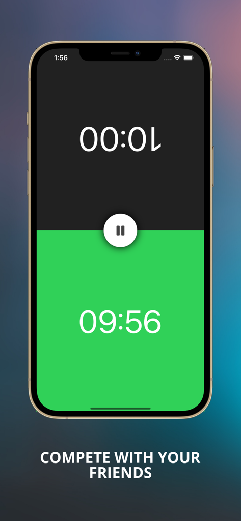 Chess Timer - Game Clock - Pantalla de iPhone que muestra una elegante interfaz de temporizador de ajedrez en verde y negro con dos relojes y un botón de pausa