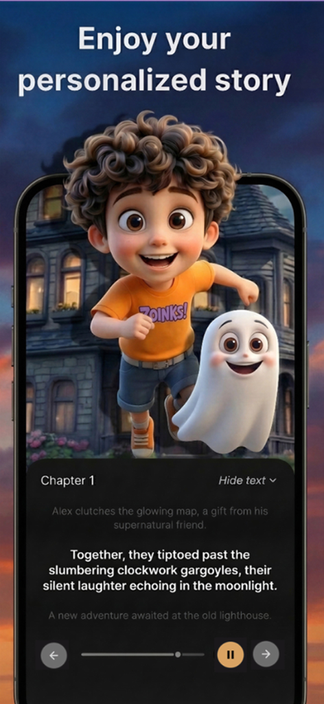 Fable: The AI Story Generator - A personalized AI story in the Fable app featuring a boy and a friendly ghost with chapter text and playback controls.