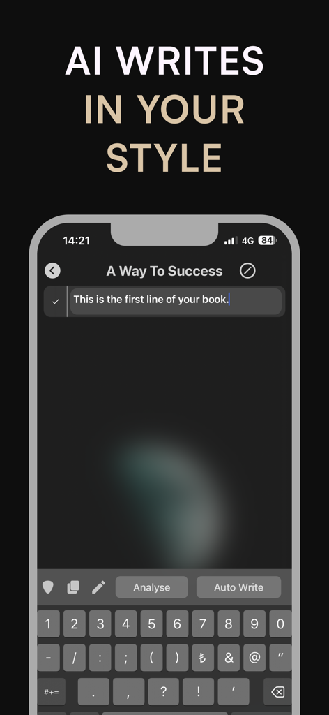 Book Writer - Novel Writing - Interfaccia mobile dell'app Book Writer che mostra assistenza alla scrittura AI e tastiera personalizzata