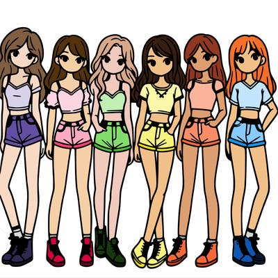 a group of girls wearing crop tops and shorts