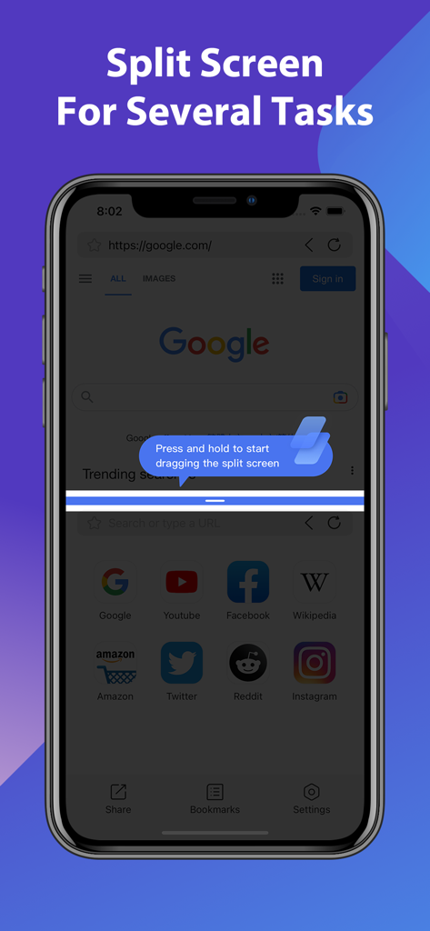 iPhoneインターフェースに、上部ウィンドウにGoogle、下部ウィンドウにYouTubeやAmazonなどのウェブサイトショートカットが表示されたスプリットスクリーンブラウザが表示されています