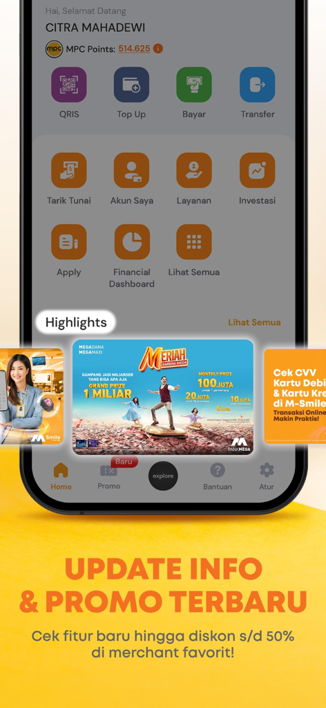 M-Smileモバイルバンキングアプリのホーム画面。サービスアイコンとプロモーションのハイライトが表示されています。