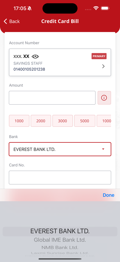 EBL Mobile Banking - EBL Mobile Banking credit card bill payment interface