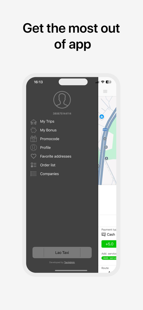 Flash Delivery LAO - Lao Taxi mobile app menu showing options for trips, bonuses, and profile settings.