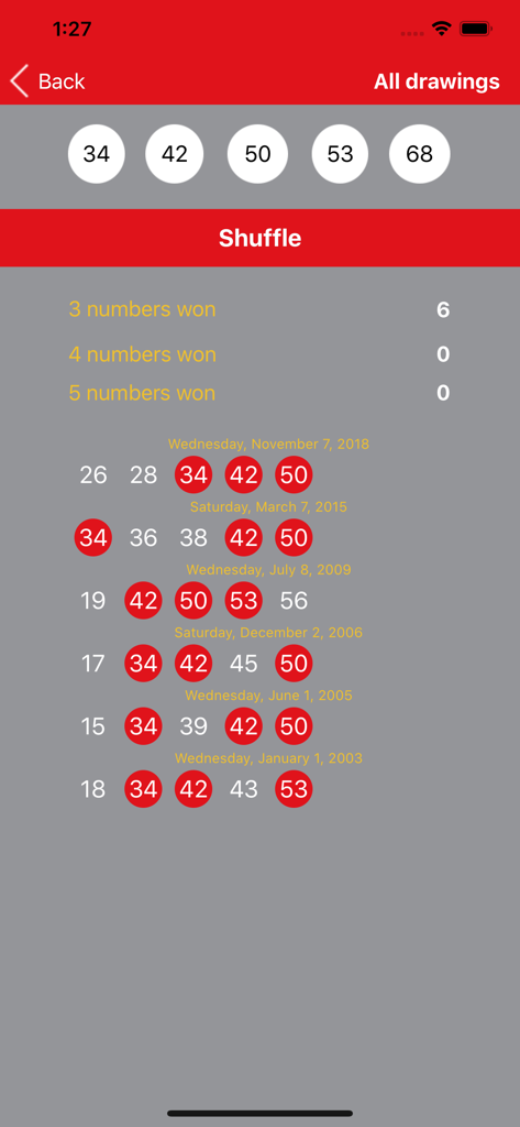 Powerball Analysis and Results - Powerball app showing historical lottery results with highlighted matching numbers