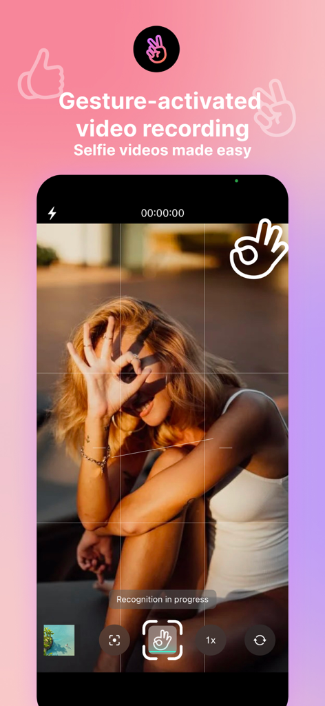 Action - AI video camera - Woman using hand gesture to start video recording on Action AI camera app