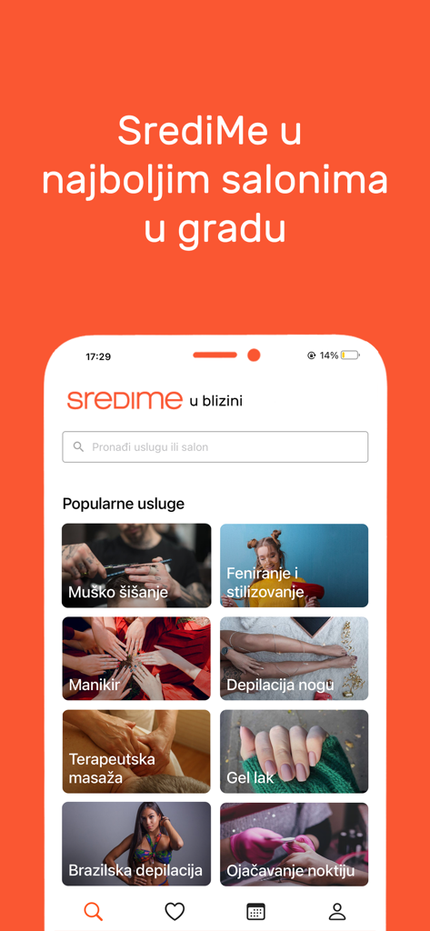 SrediMe mobile app home screen showing popular salon services including hair styling, manicures, and massages for online booking.