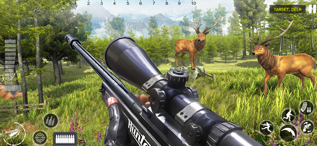 Deer Hunter Hunting Games - Perspectiva en primera persona de un rifle de francotirador apuntando a ciervos en un exuberante entorno forestal.