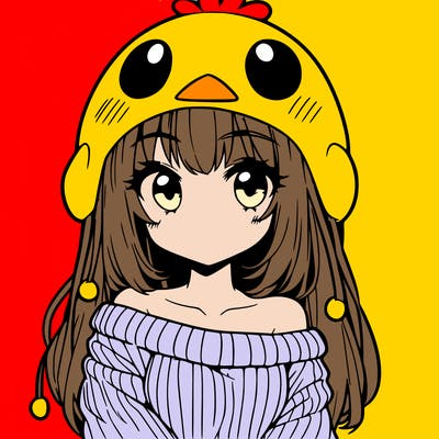 anime girl with chick shaped hat with sweater with bare shoulders with bangs covering them one eye with low tail