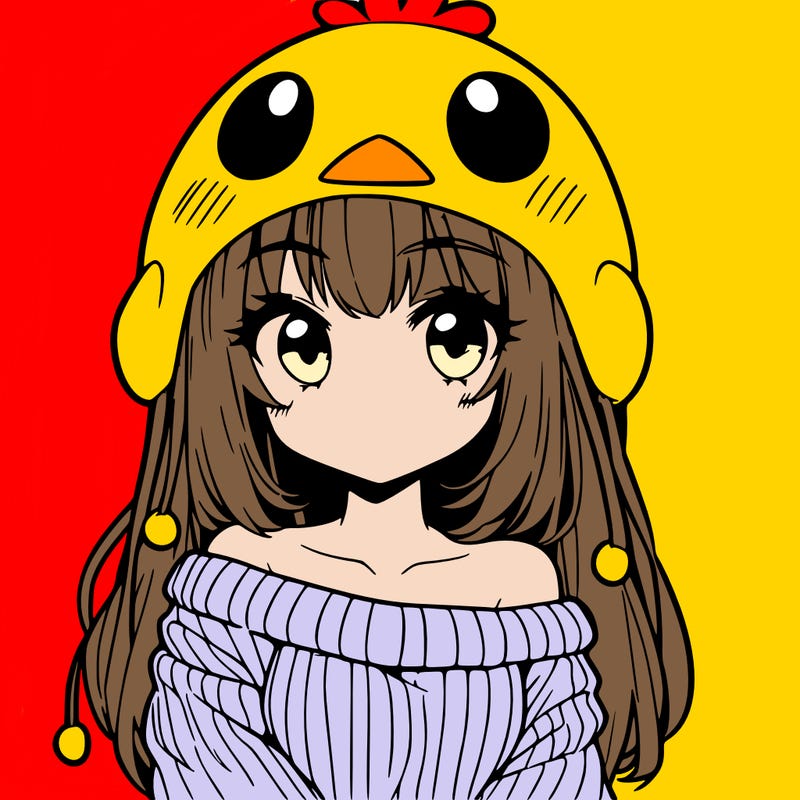 anime girl with chick shaped hat with sweater with bare shoulders with bangs covering them one eye with low tail