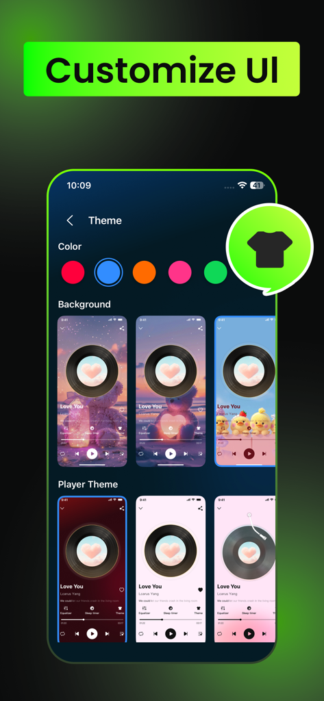 Offline Music, MP3 Player - Schermata di personalizzazione dell'interfaccia utente con vari temi e opzioni di sfondo per il lettore musicale offline