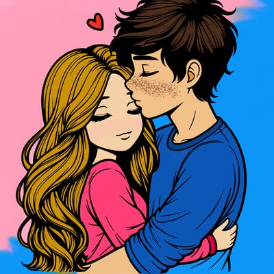 a realistic couple boy and girl hugging and kissing