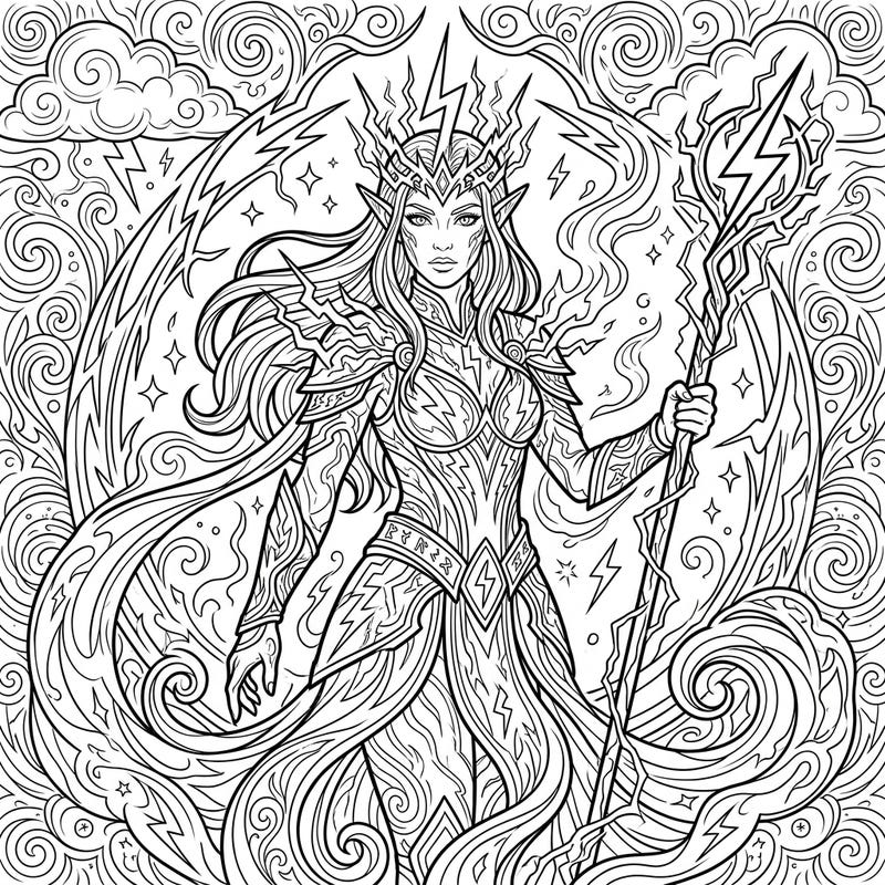 Dive into a world of fantasy with this stunning adult coloring page featuring a powerful lightning elf. Its intricate details and dynamic design promise hours of engaging artistic expression.