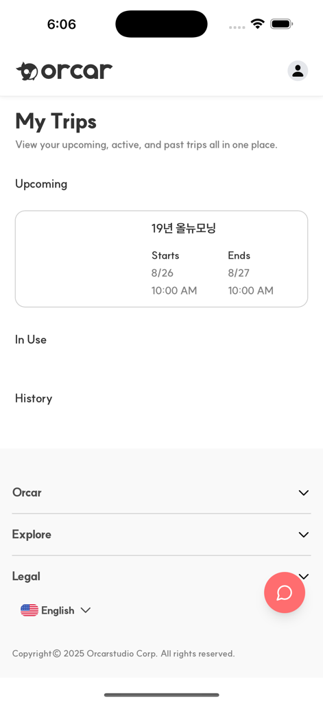 Orcar: Jeju Car Rental - The My Trips screen of the Orcar app displaying an upcoming Jeju car rental booking.