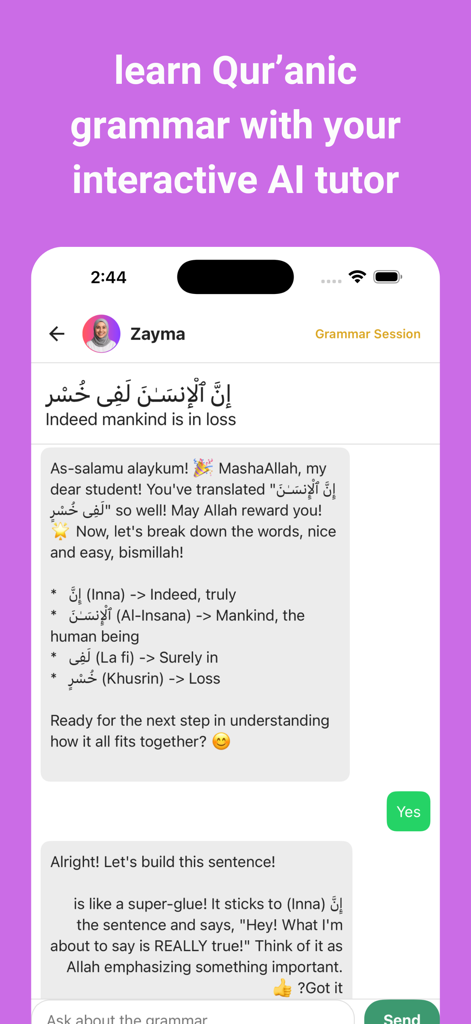 Qurania: Learn Quran with AI - Qurania app interface showing an interactive grammar session with an AI tutor