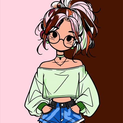 girl with a messy ponytail glasses a baggy crop top and jean shorts