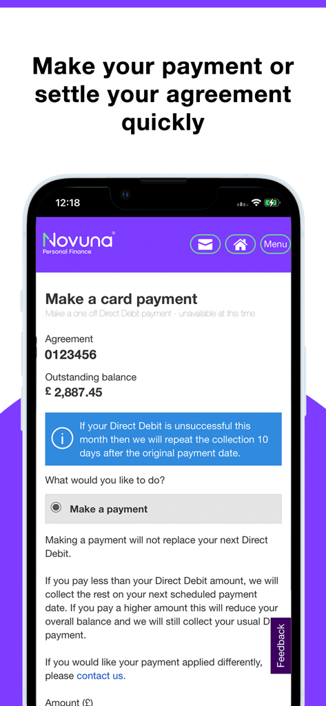 Novuna Personal Finance - Interfaz de la aplicación Novuna Financiación Personal que muestra la pantalla de pago y el saldo pendiente