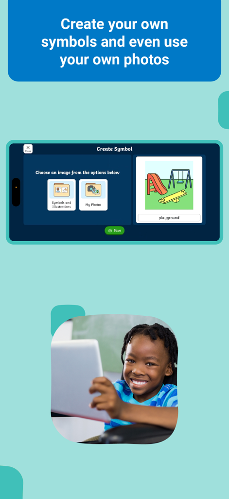 Twinkl Symbols AAC System - Interface de l'application AAC Twinkl Symbols montrant comment créer des symboles personnalisés à l'aide de photos ou d'une banque d'illustrations avec un enfant utilisant une tablette.