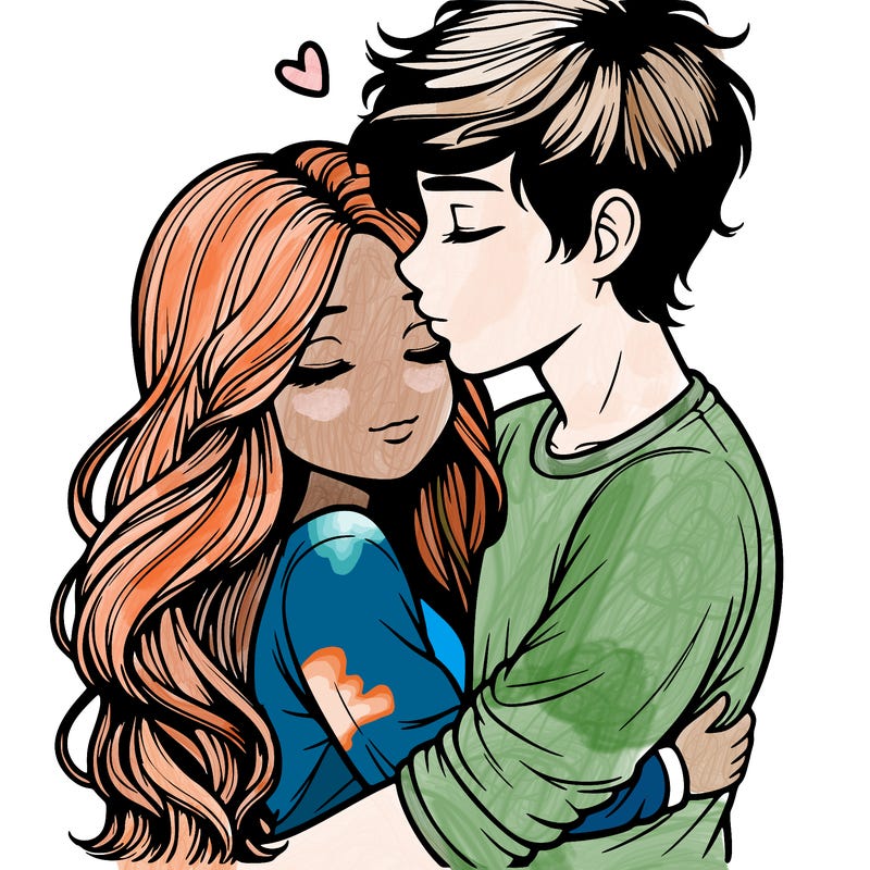 a realistic couple boy and girl hugging and kissing
