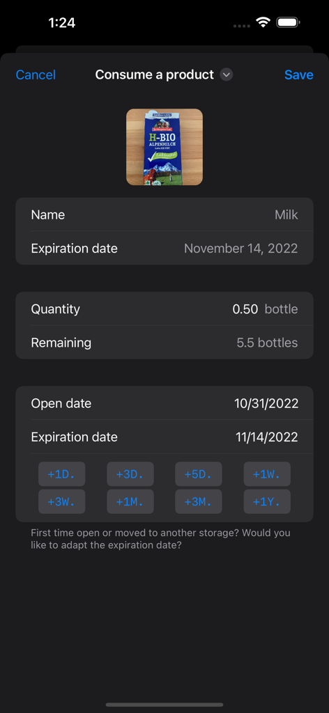 FoodShiner: Pantry Companion - 数量、残り、賞味期限の調整を含む製品の消費ログを表示するFoodShinerアプリのインターフェース。