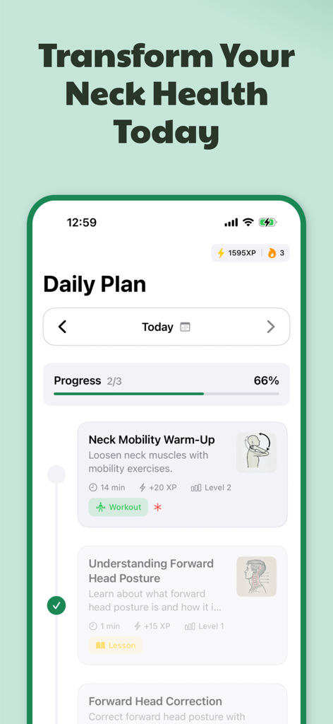 Necklo app interface showing a daily plan with neck mobility exercises and progress tracking