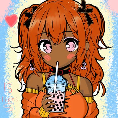 an anime girl drinking boba