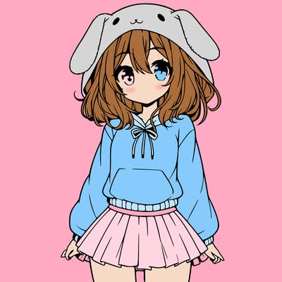 pretty anime girl wearing a fluffy hoodie with bunny ears on the hood and a skirt
