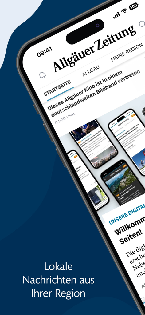 La interfaz de la aplicación Allgäuer Zeitung News en un teléfono móvil mostrando noticias regionales alemanas.