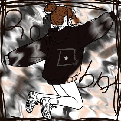 realistic girl jumping with a bun and oversized sweatshirt