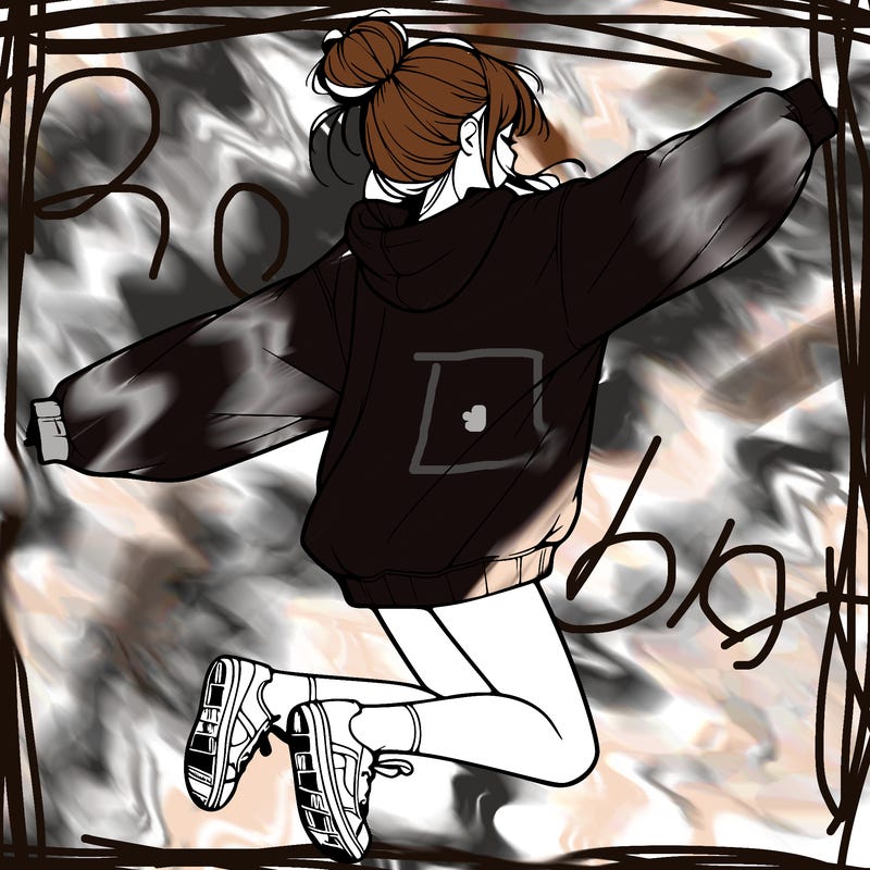 realistic girl jumping with a bun and oversized sweatshirt