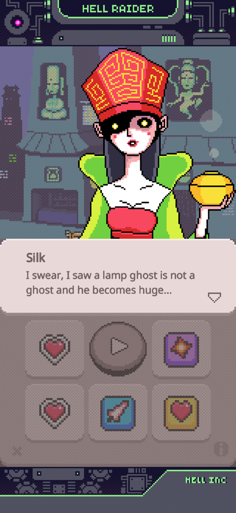 Pixel art character Silk speaking in Hell Raider Wheel of Fate