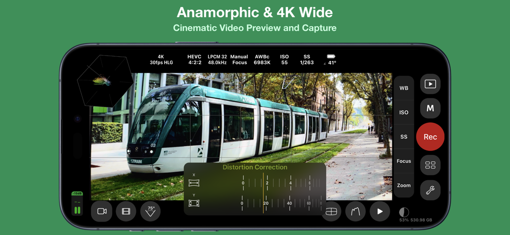 Cinema P3 Pro Camera - Cinema P3 Pro Camera app interface showing anamorphic 4K wide video preview and distortion correction settings.