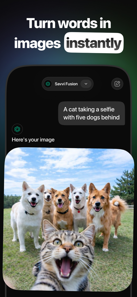 Savvi 앱 스크린샷, 개들과 함께 셀카를 찍는 고양이 이미지 생성 프롬프트 시연