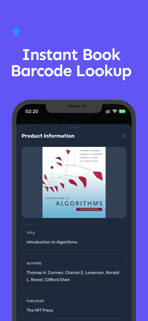QR Scanner - Fast Code Reader - Smartphone mostrando información del libro, incluidos título y autores, después de un escaneo instantáneo de código de barras.