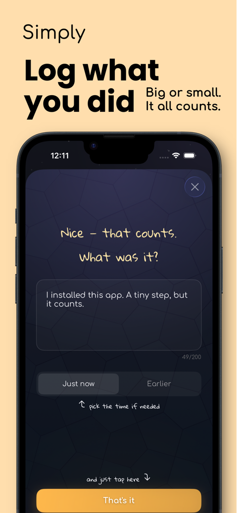 A screenshot of the Doing Great Diary app showing a simple interface to log a small daily achievement.