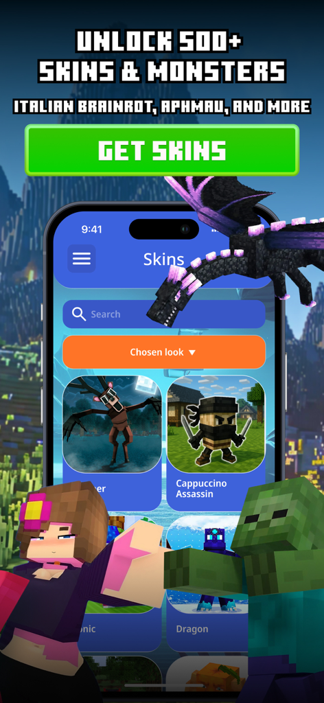 Mods & Addons for Minecraft - Interfaz de Mods y Complementos para Minecraft que muestra una colección de más de 500 skins y monstruos, incluyendo previsualizaciones de personajes y un dragón.