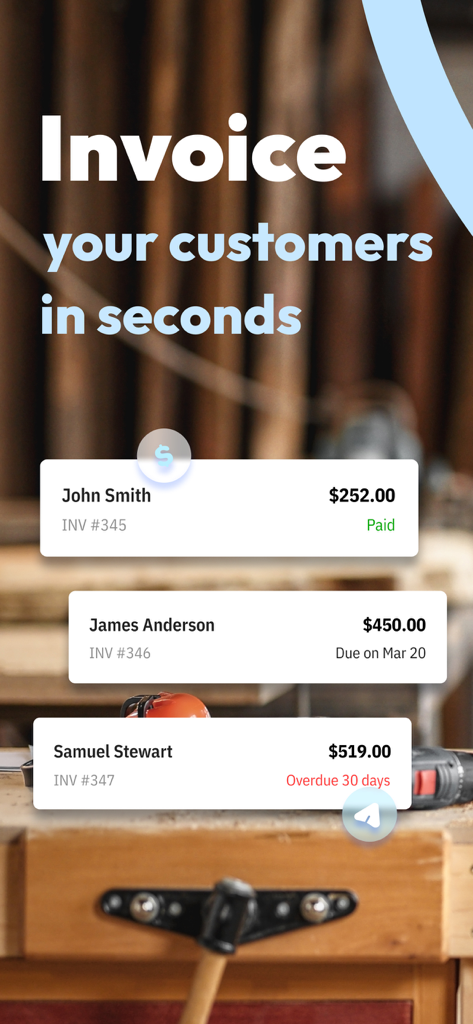 Tiny Invoice - Invoice Maker - Invoice your customers in seconds app screen showing paid and overdue invoice status cards