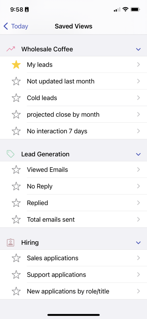 Streak - CRM for Gmail - Saved views list in the Streak CRM for Gmail mobile app